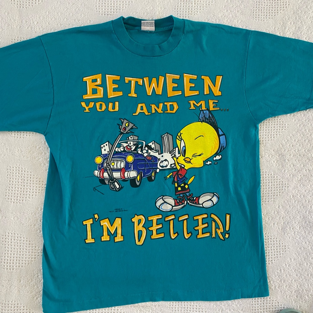 Vintage 90s Looney Tunes Tweety Bird I’m Better Teal Tshirt Size XL Unisex